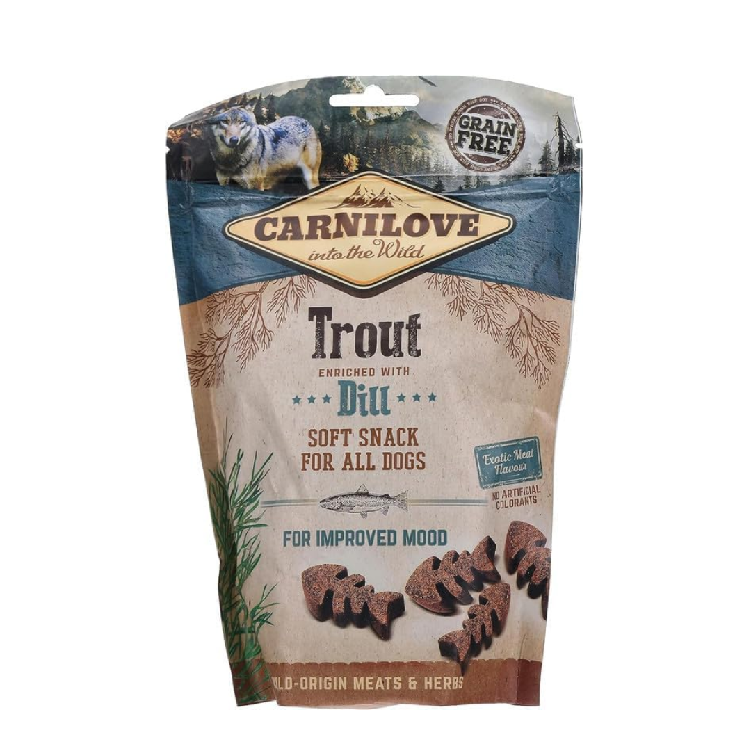Carnilove Trout with Dill soft snack dog treats. The packaging is against a white background.