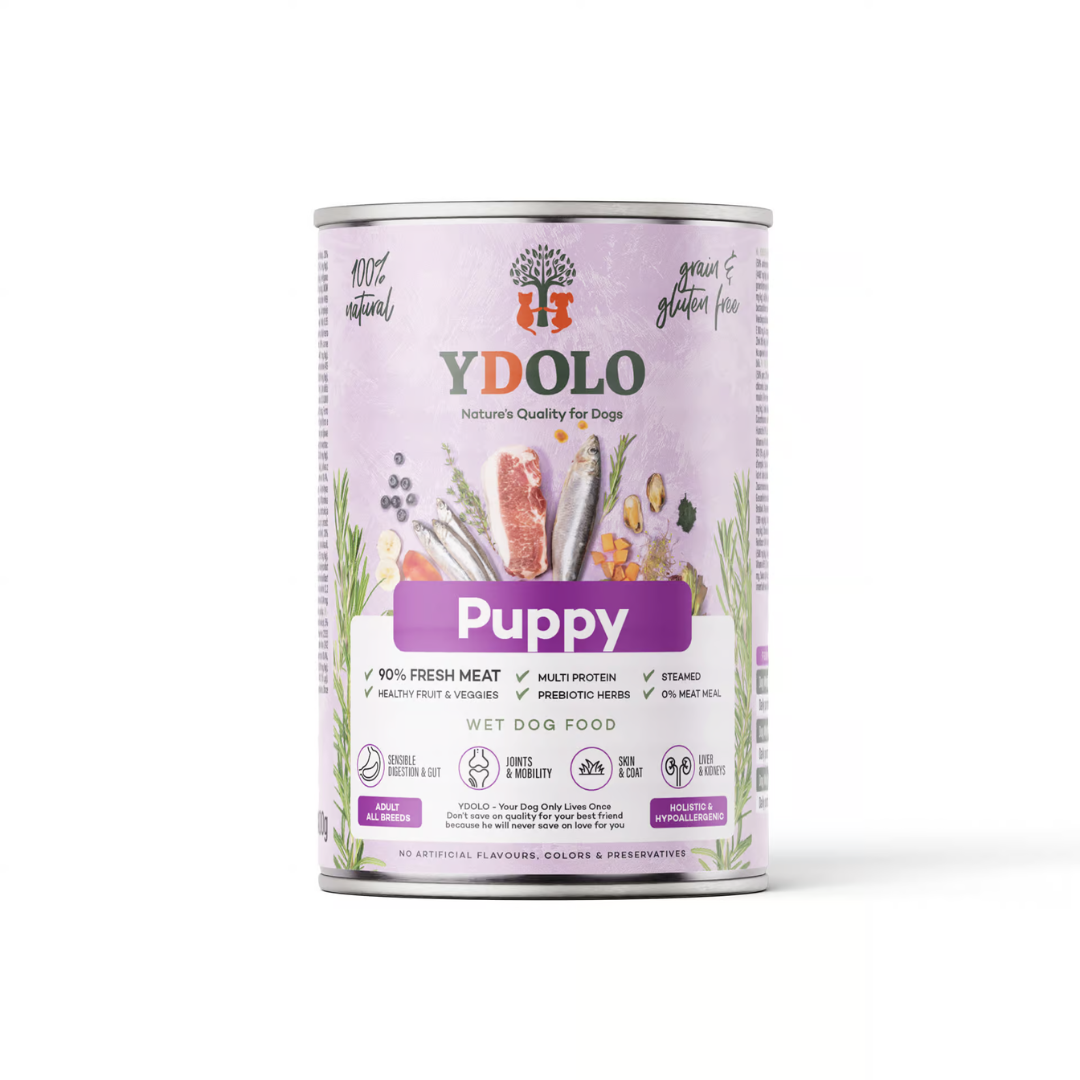 YDOLO Puppy Wet Food 400g tin against a white background.