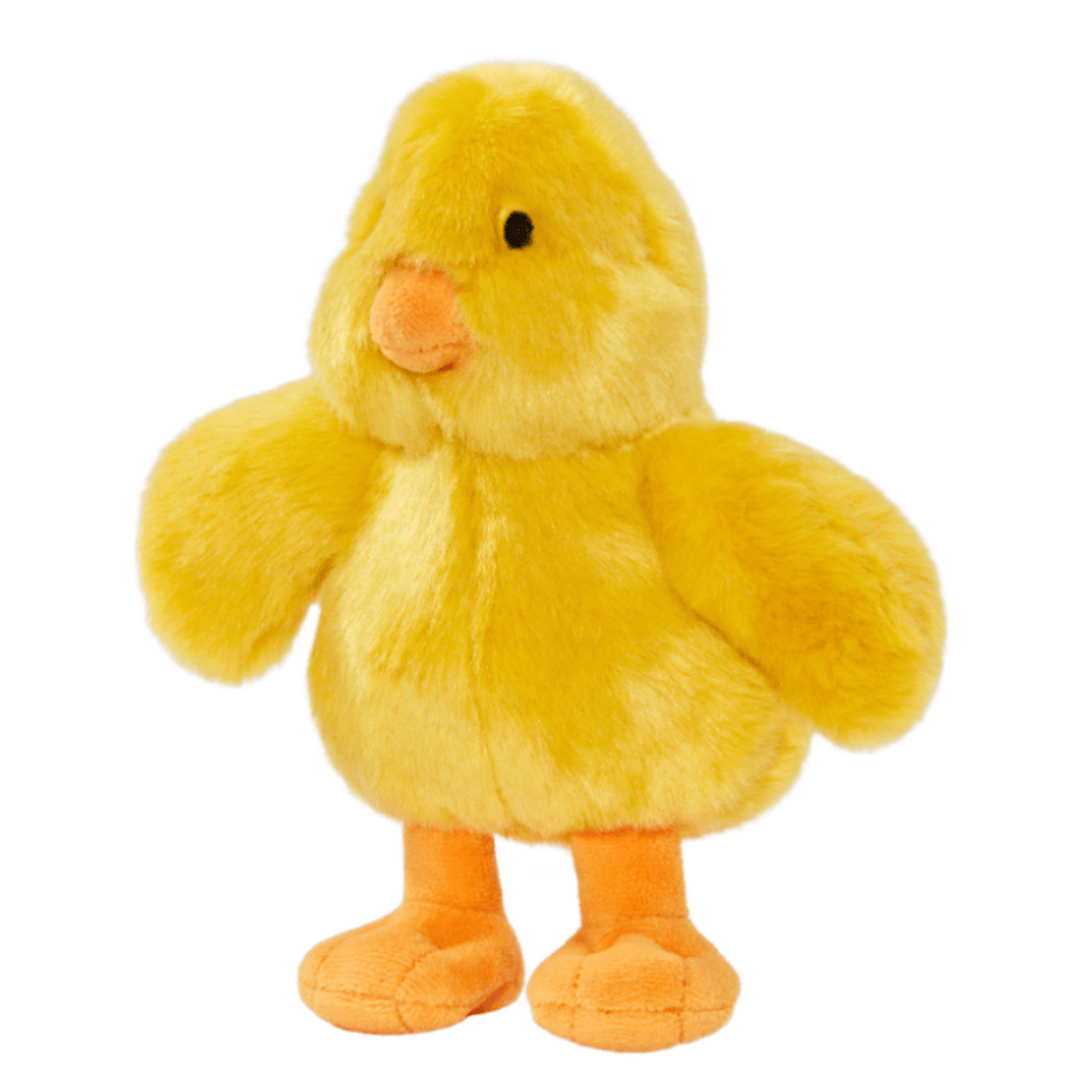 Fluff & Tuff Howie Duck Plush Dog Toy against a white background. Toy is a yellow colour with an orange beak and feet.