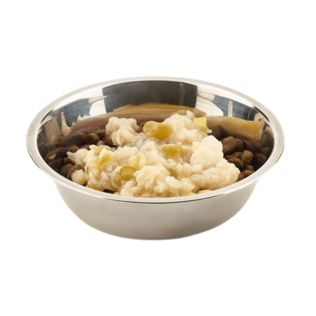 Fish 4 Dogs Finest White Fish, Green Bean and Sweet Potato complimentary wet dog food in a stainless steel bowl.