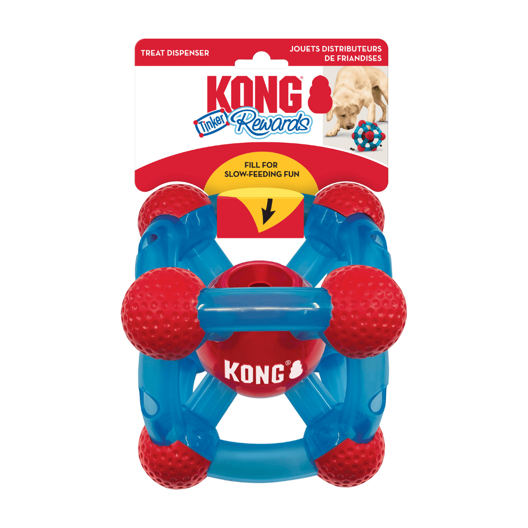 Kong Rewards Tinker treat dispenser attached to its Kong cardboard backing