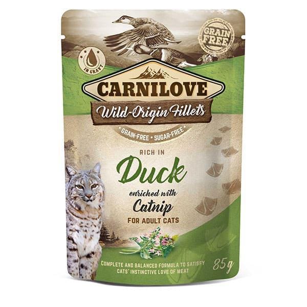 Carnilove Wet Cat Food Pouch in Duck with Catnip. 85g pouch stood against a white background