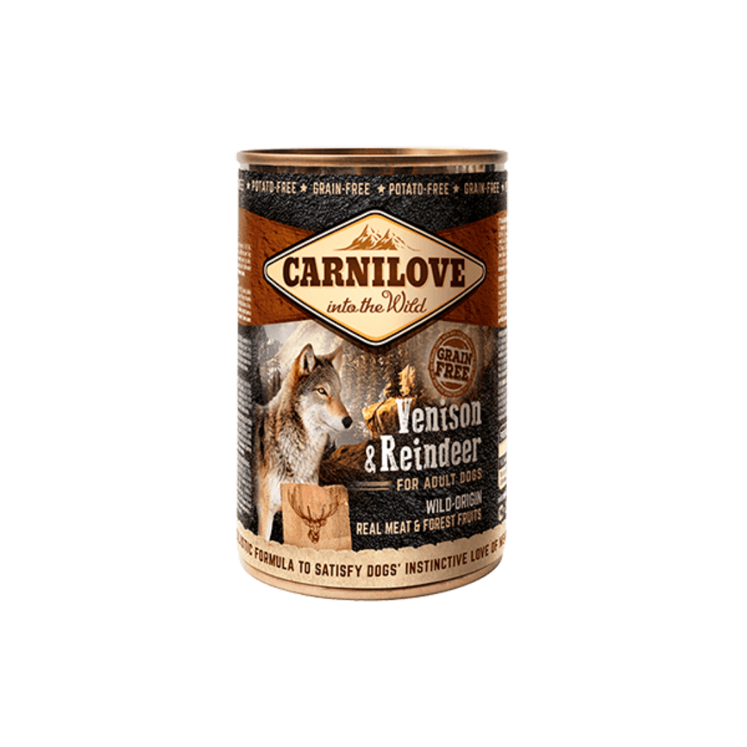 Carnilove Venison and Reindeer wet dog food 400g tin against a white background