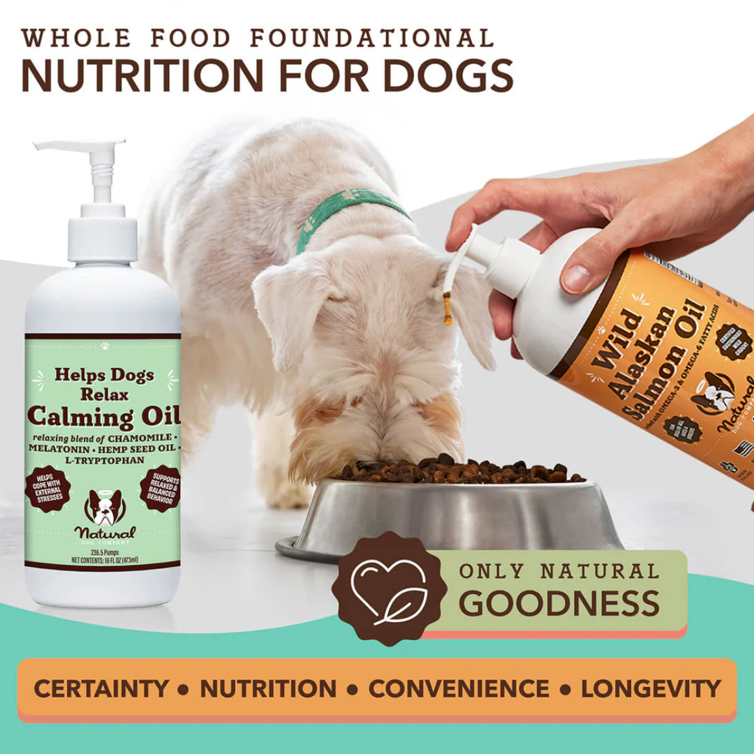 Best things about this Bottle of Natural Dog Company Calming Oil stating 'Certainty, Nutrtion, Convenience, Longevity'