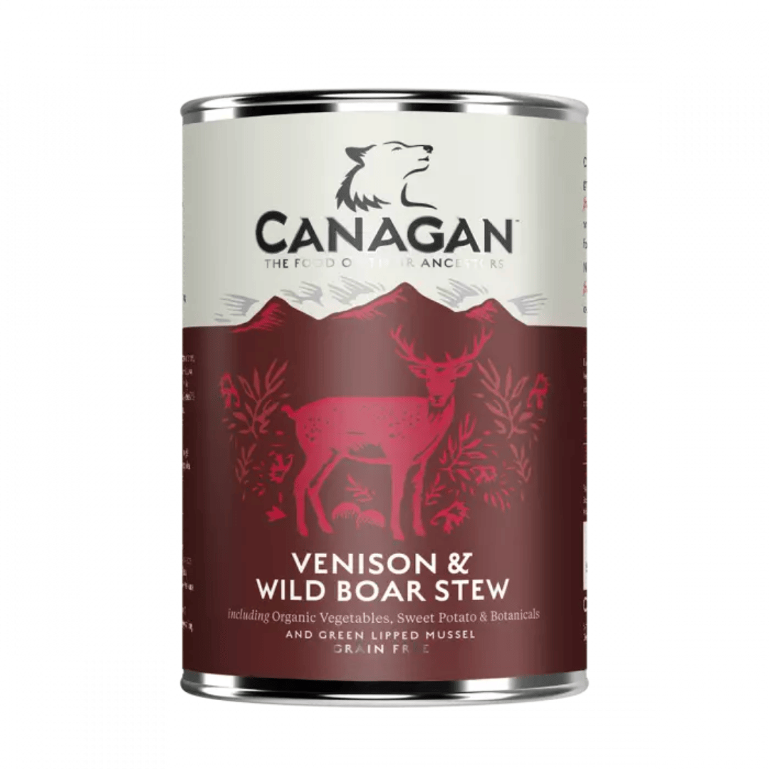 Canagan Venison and Wild Boar Stew Wet Food 400g against a white background.