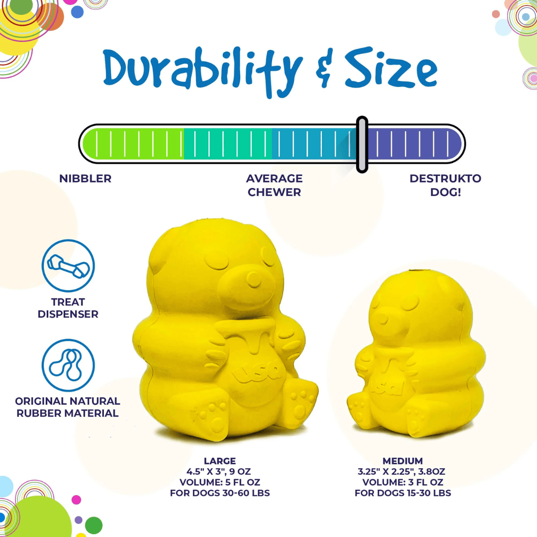 An infographic showing the size and durability of the Sodapup Honey Bear Chew Toy. It is high on the durability scale