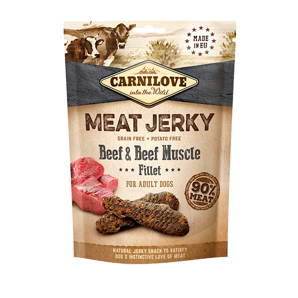 Carnilove Beef & Beef Muscle jerky dog treats. The package is against a white background.