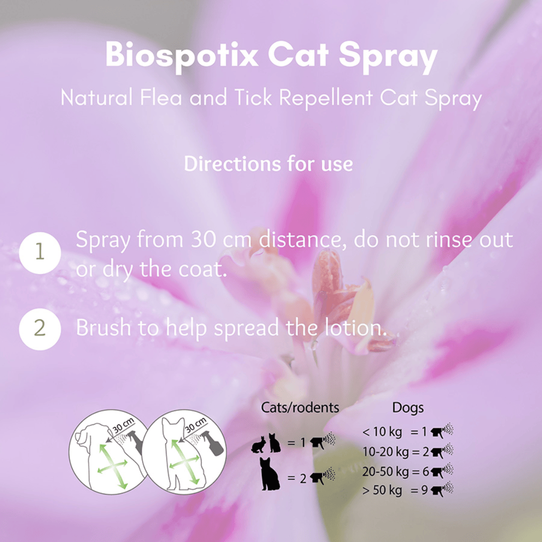 Directions for using Biospotix Cat Spray: 1. Spray from 30cm distance, do not rinse out or dry the coat. 2. Brush to help spread.