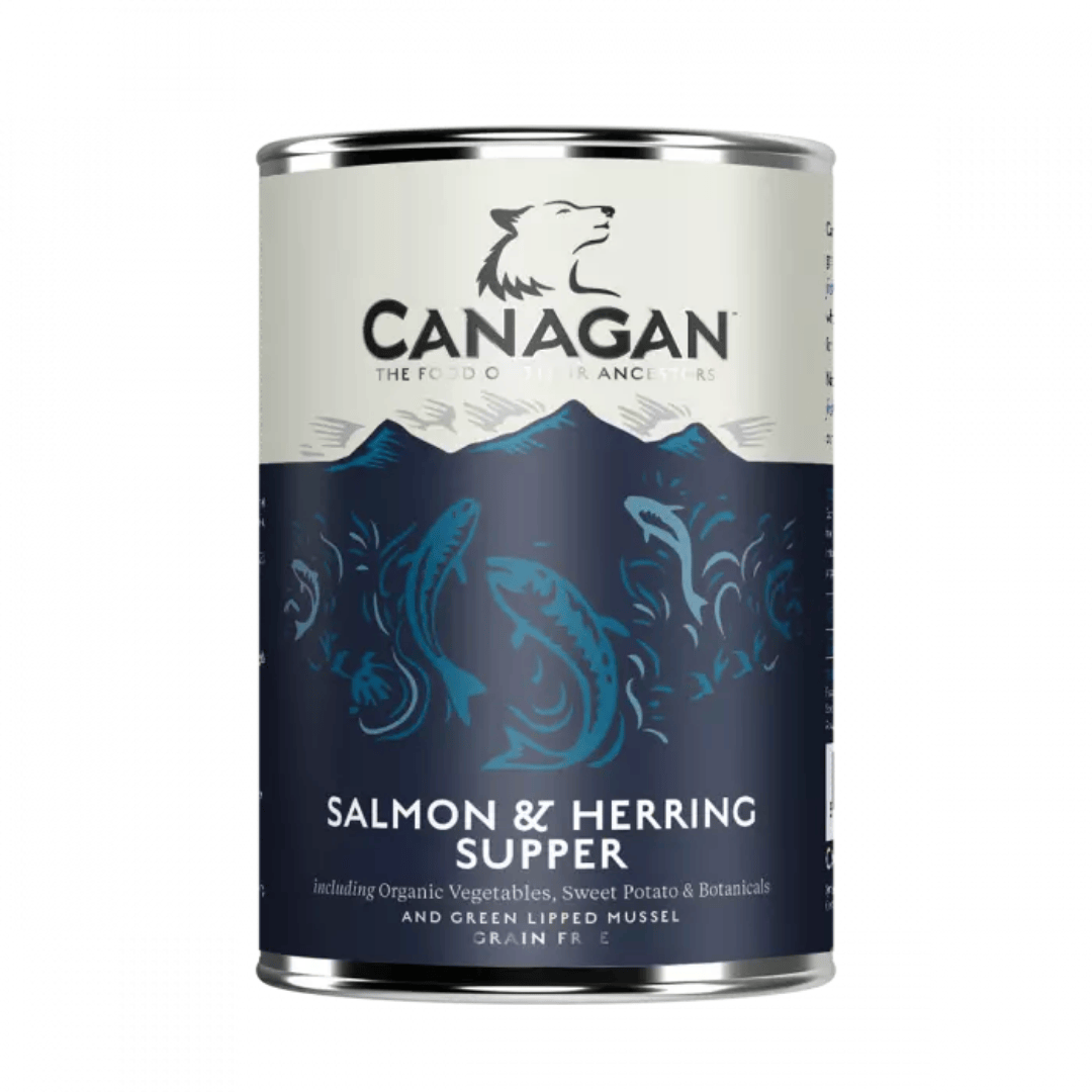 Canagan Salmon and Herring Supper Wet Food 400g tin against a white background.
