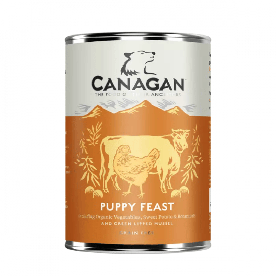 Canagan Puppy Feast Wet Food 400g tin against a white background