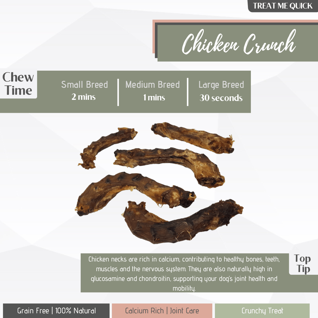 An infographic showing all the benefits of the the chicken crunch, chicken necks.