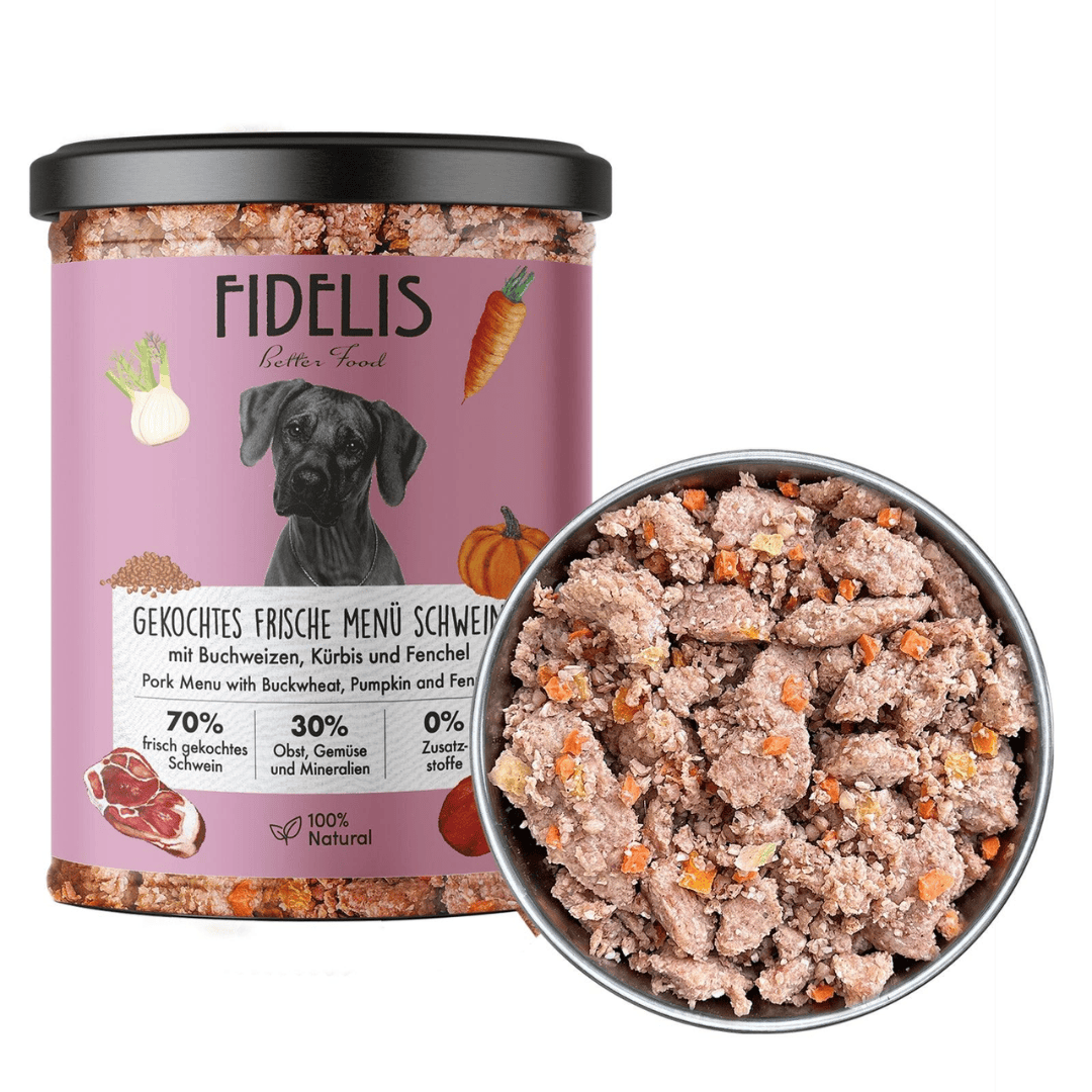 Fidelis Cooked Menu Pork Jar and a metal bowl filled with the product beside it. All against a white background.