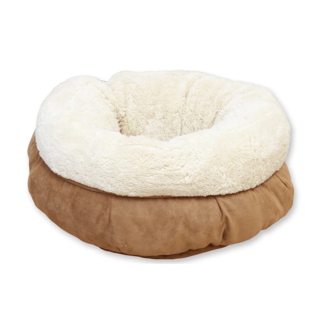 A beige AFP Lambswood Donut Bed for pets.