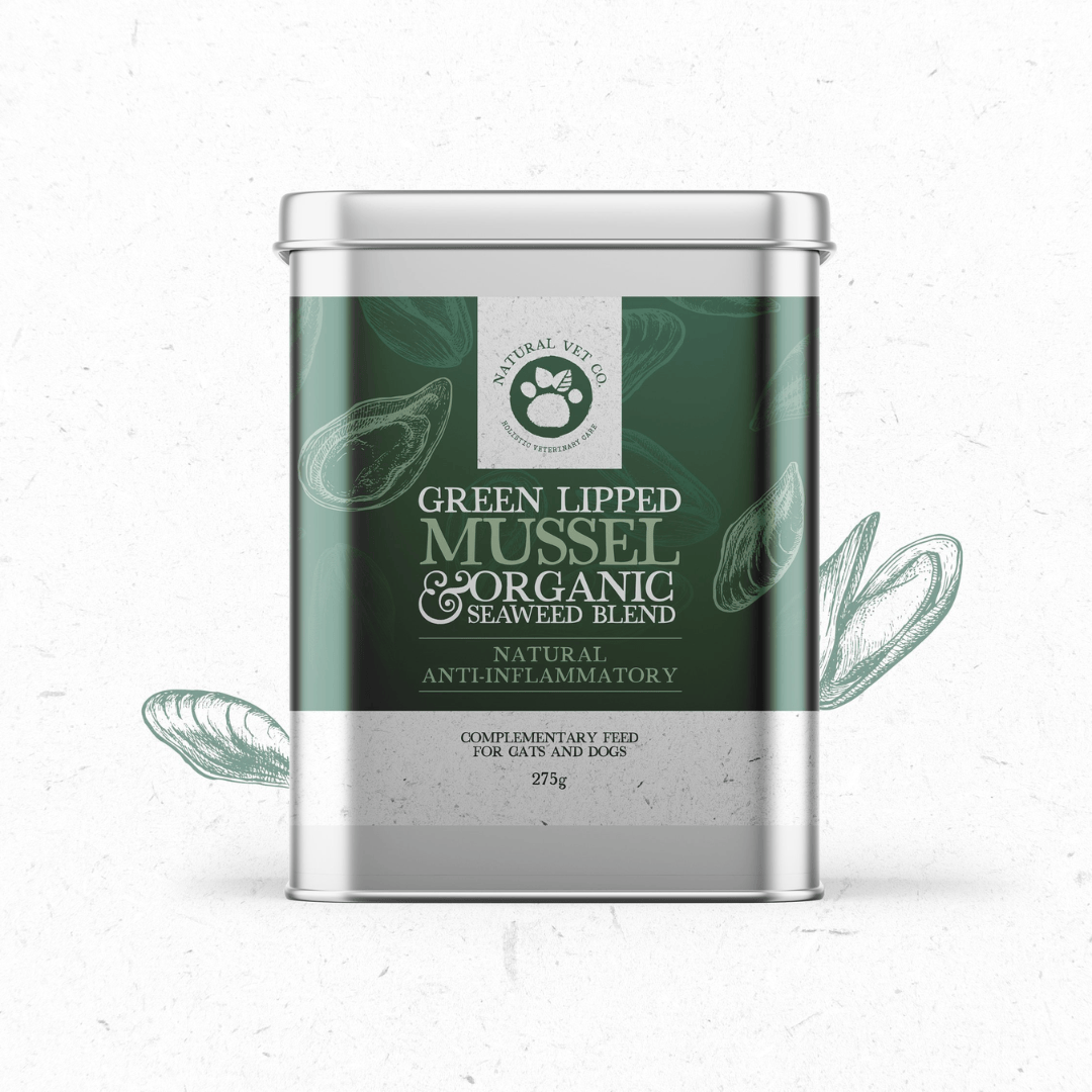Old tin of Natural Vet Co Green Lipped Mussel and Organic Seaweed Blend for cats and dogs.