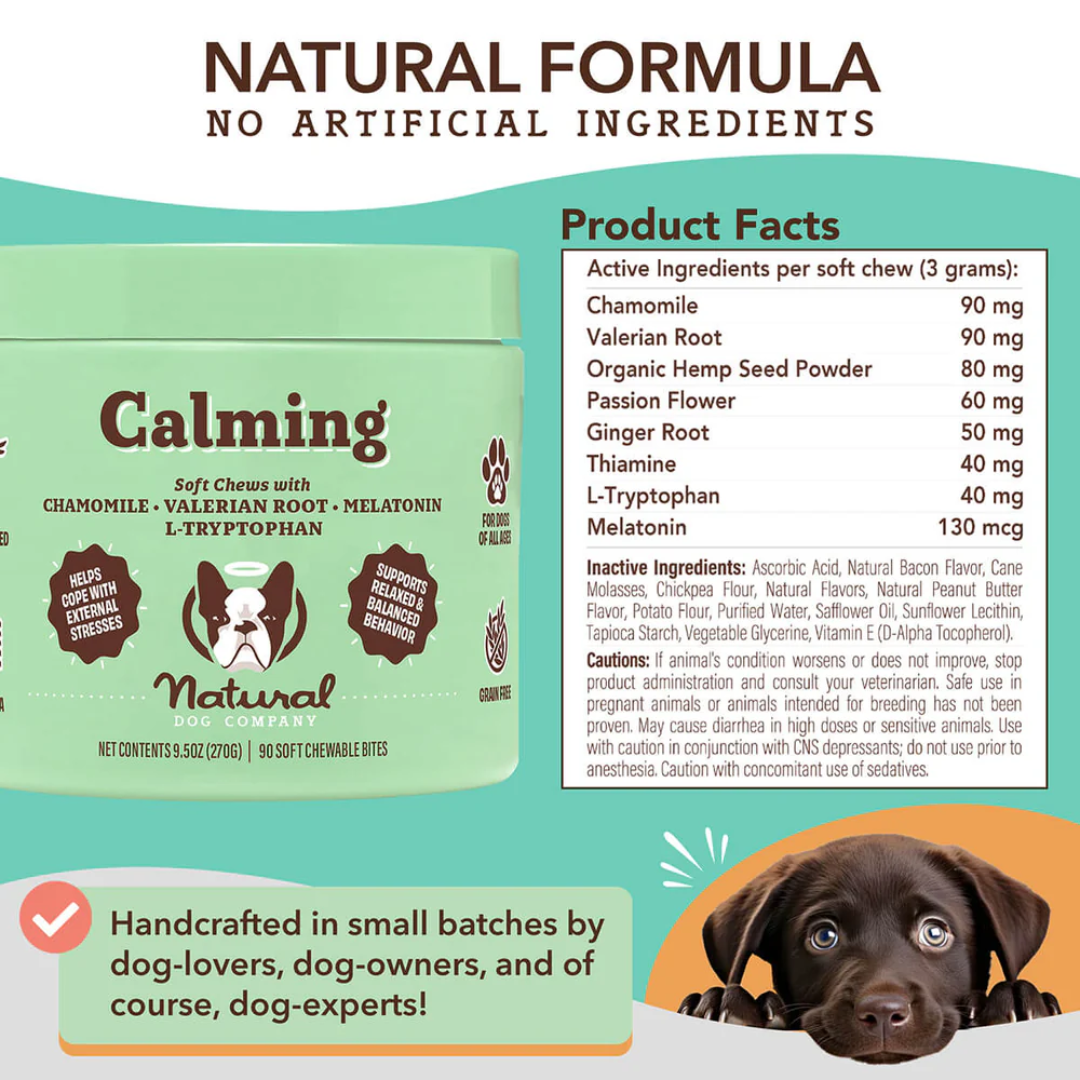 A list of ingredients from the official label and a tub of Natural Dog Company Supplement Chews.