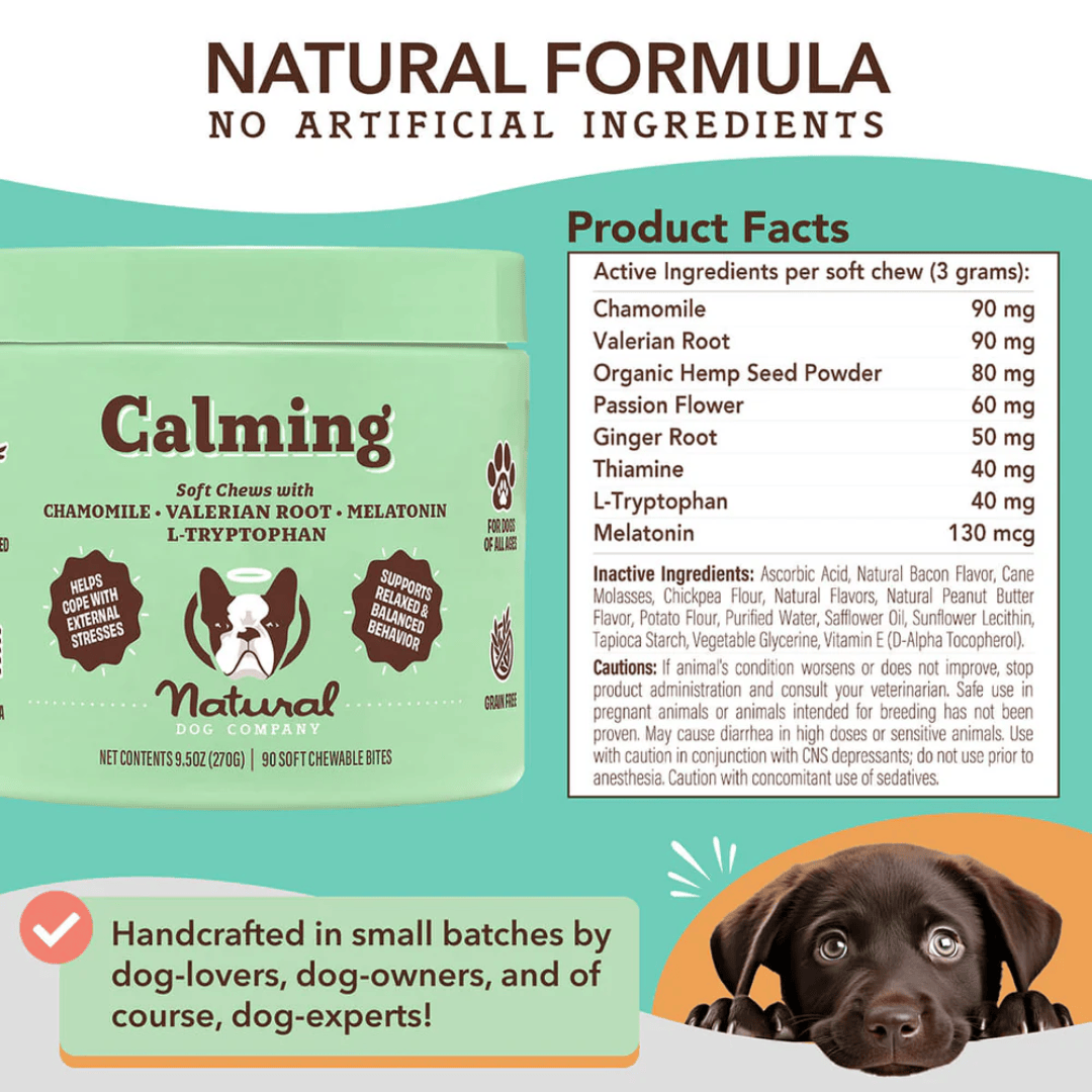 A list of ingredients from the official label and a tub of Natural Dog Company Supplement Chews.