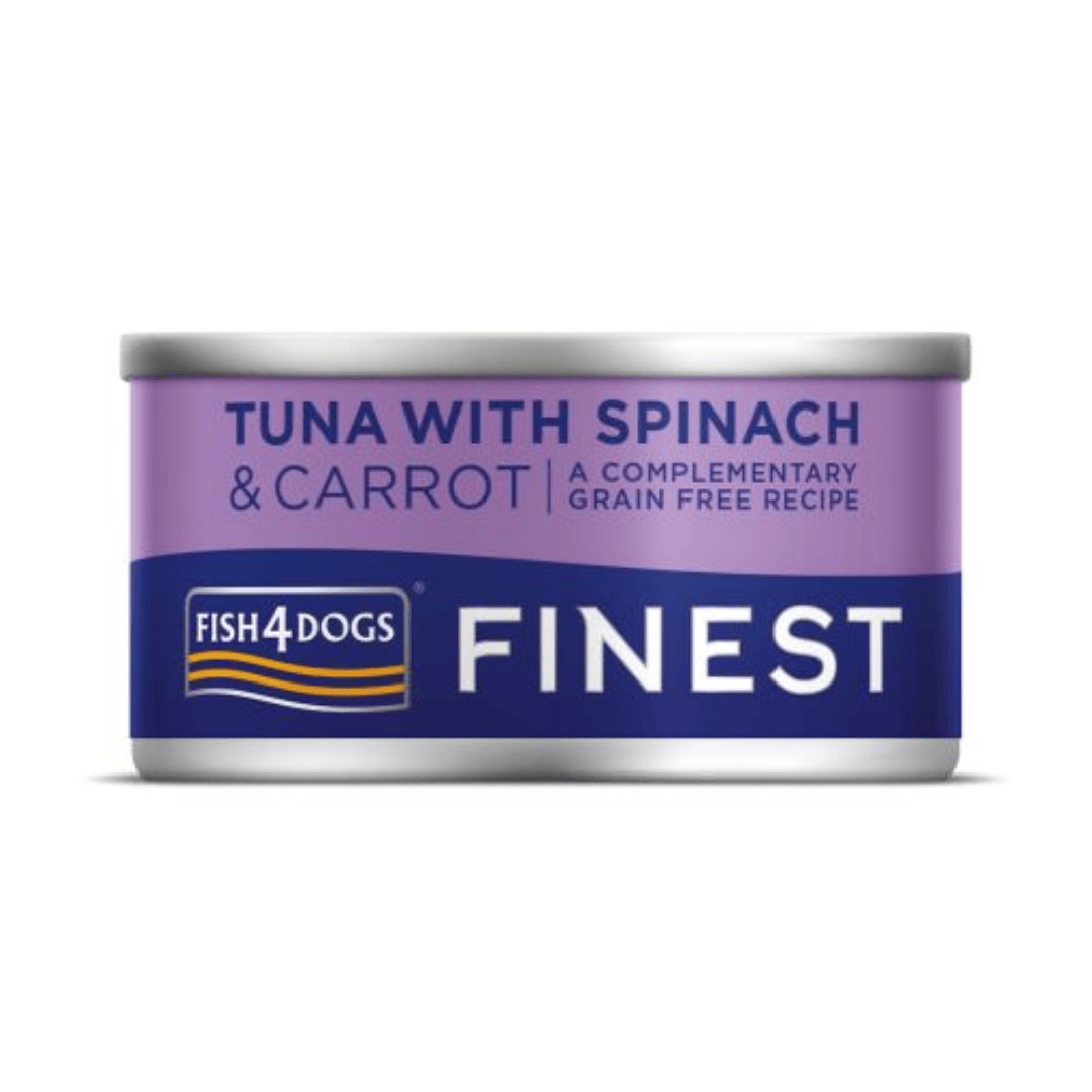 Fish 4 Dogs Finest Tuna with Spinach and Carrot 85g tin against a white background