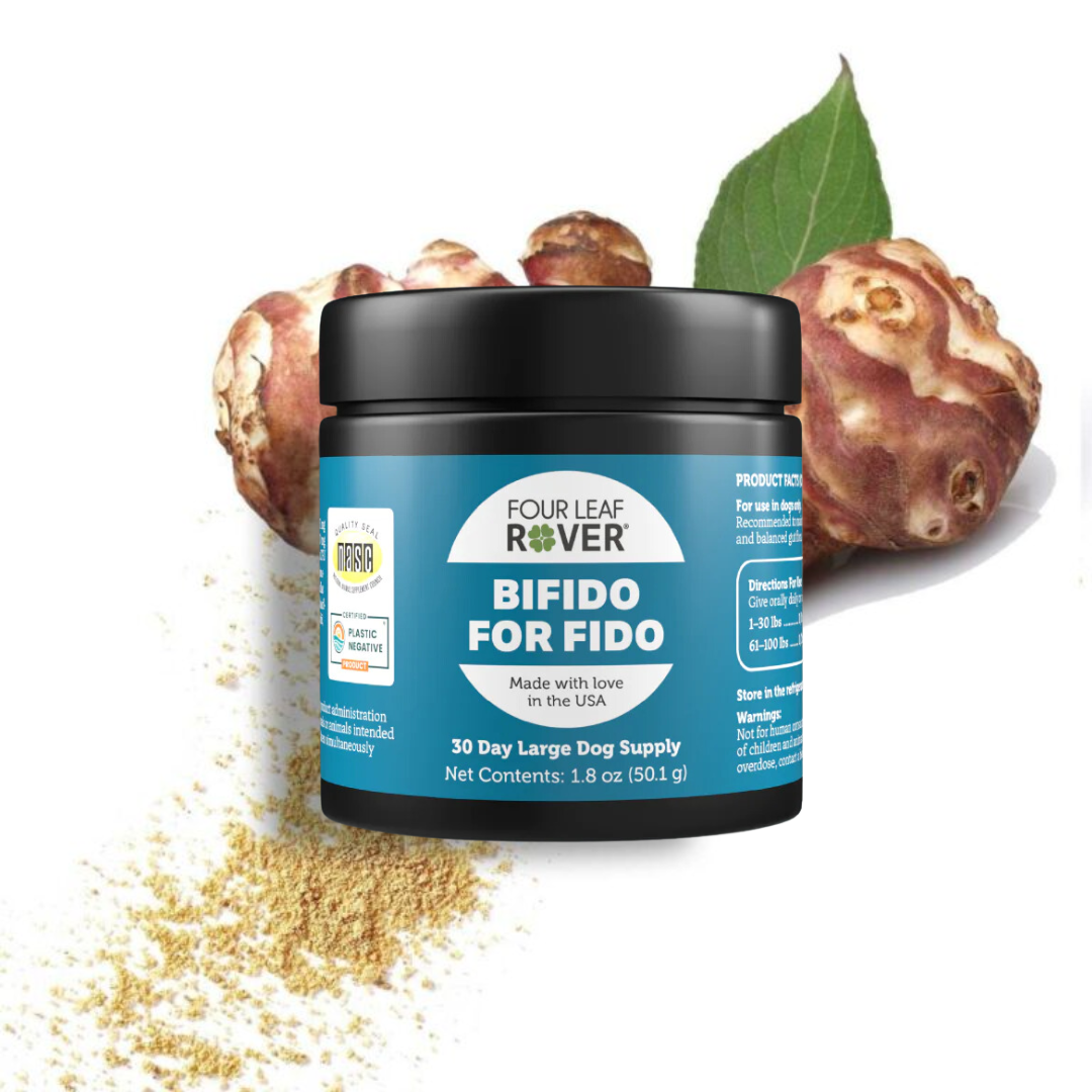 The Four Leaf Rover - Bifido for Fido - Probiotics 50.1g with the raw ingredients shown alongside it.