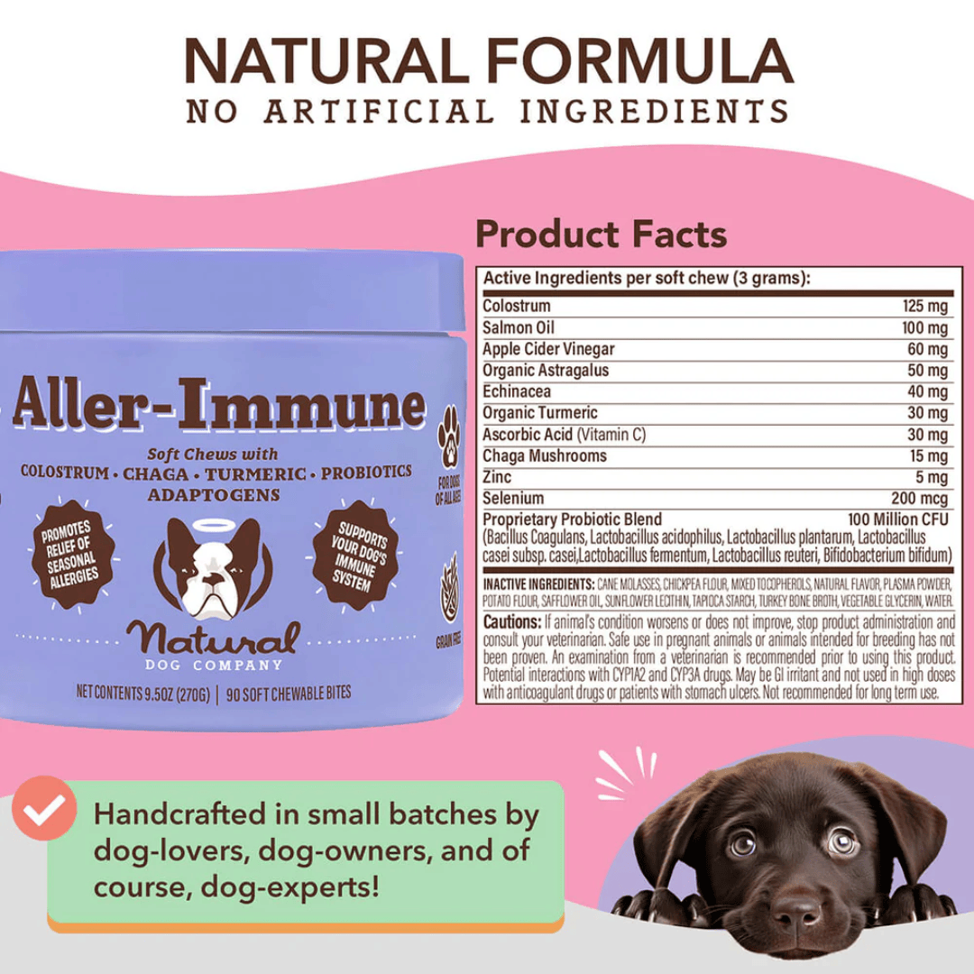 The label of the The Natural Dog Company Aller-Immune Chews displayed beside the tub.