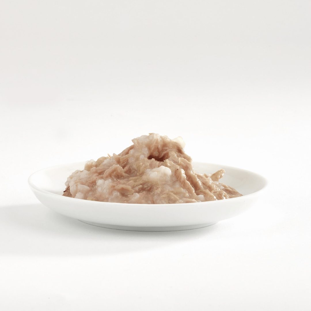 The Fish 4 Cats Tuna & Salmon cat food served on a plate with a soft, fish consistency