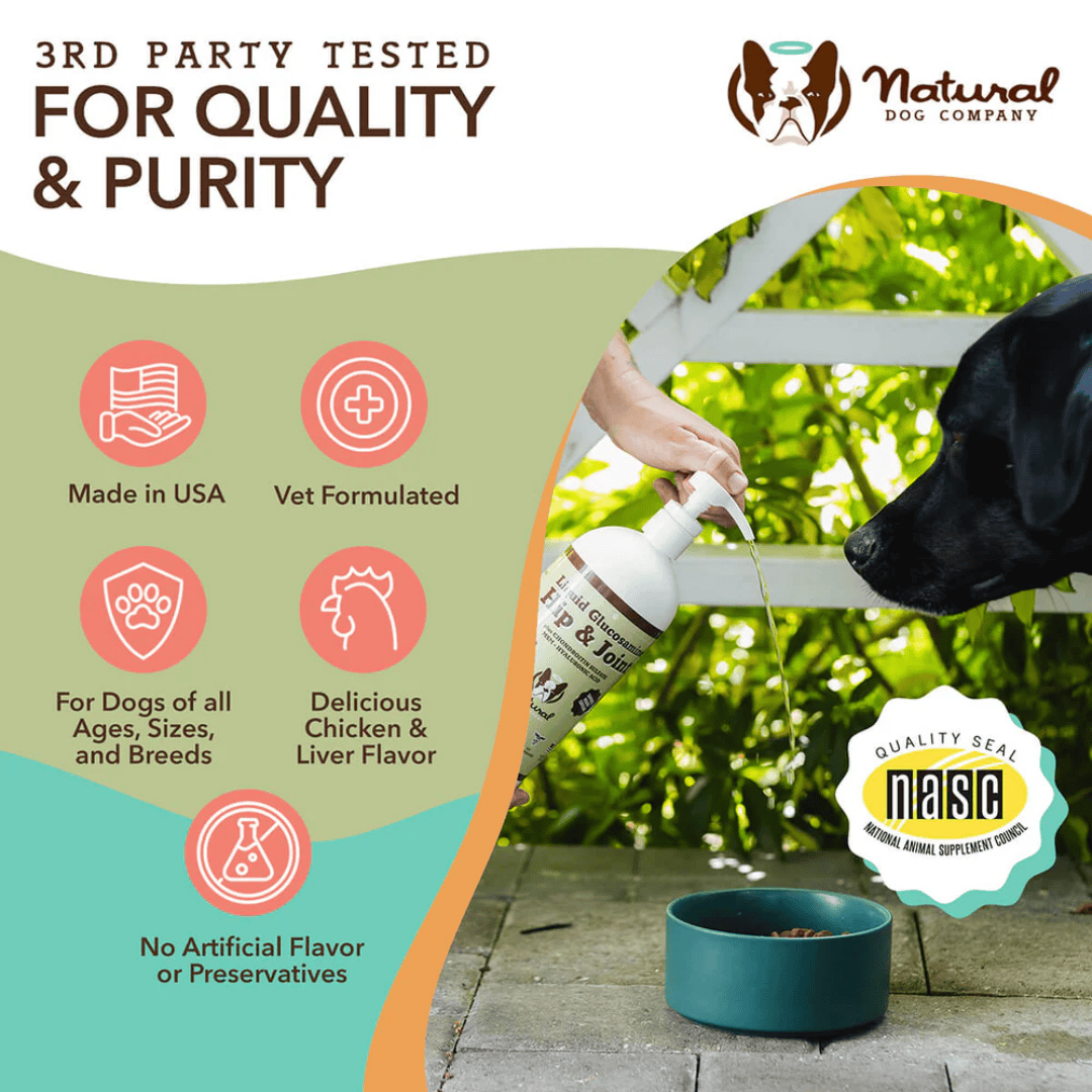 Natural Dog Company Liquid Glucosamine being fed to a dog. Some good factors in buying from natural dog company are listed here too. like "Vet Formulated"
