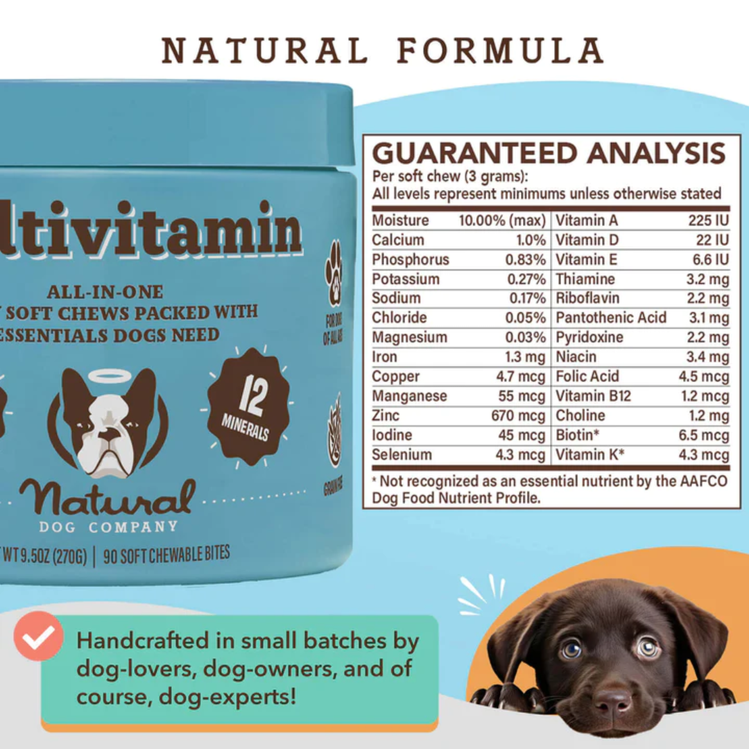 This is an infographic by natural dog company showing the guaranteed analysis for one chew of Tub of Natural Dog Company Multivitamin Chews