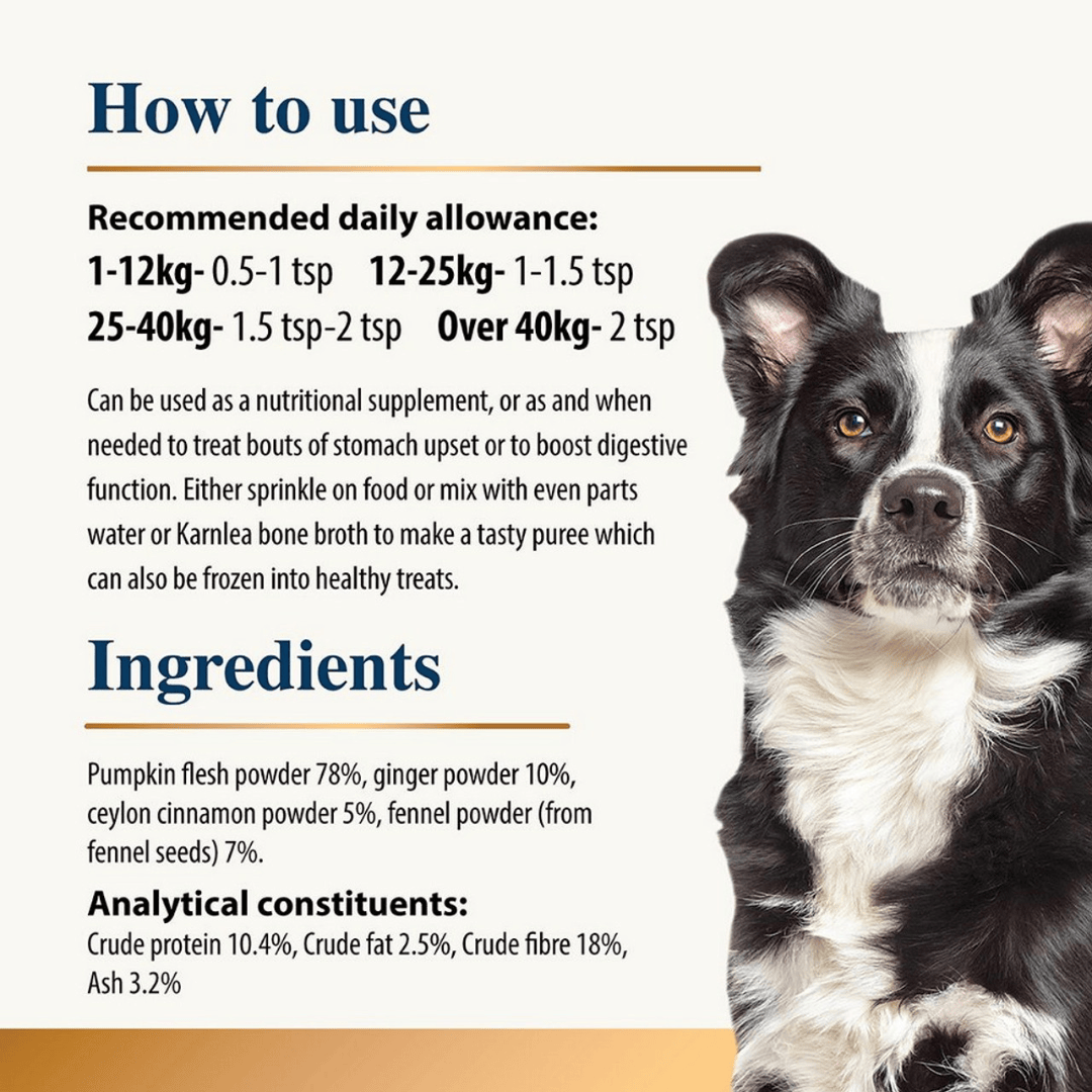 An infographic by Karnlea showing the feeding guidelines, ingredients and analytical constituents of the Karnlea Pumpkin & Spice Powder