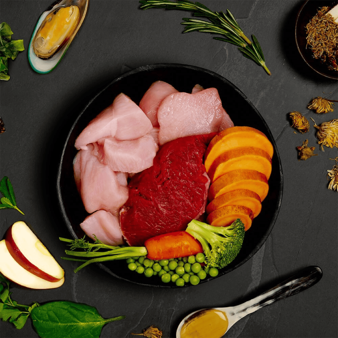 The fresh ingredients of the Canagan Puppy Feast Wet Food 400g in a bowl. There is other functional additions placed around the bowl including green lipped mussels.
