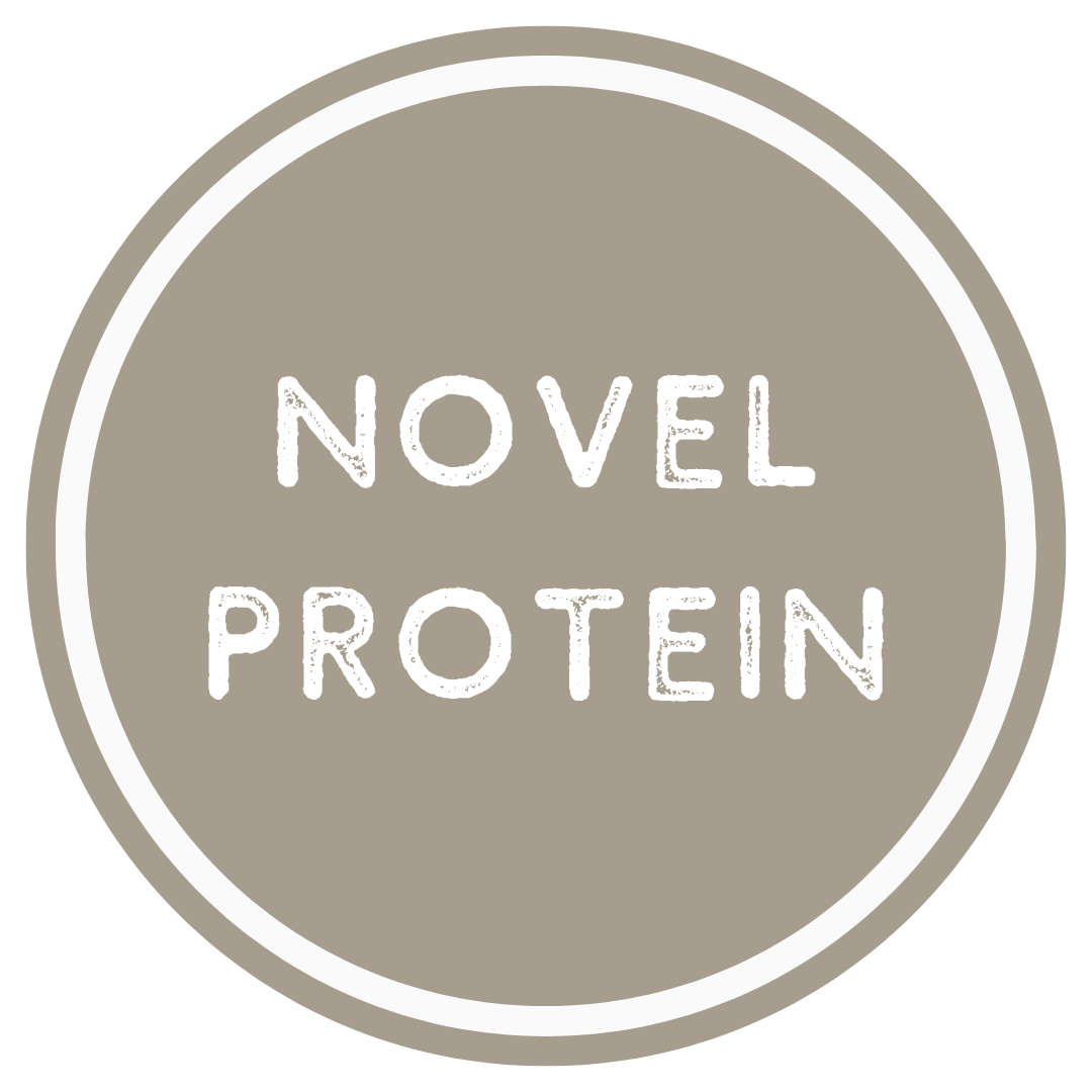 Logo for Novel Protein with a beige circle and white text