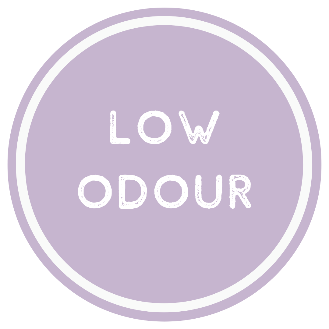 Circular logo with 'LOW ODOUR' text on a light purple background