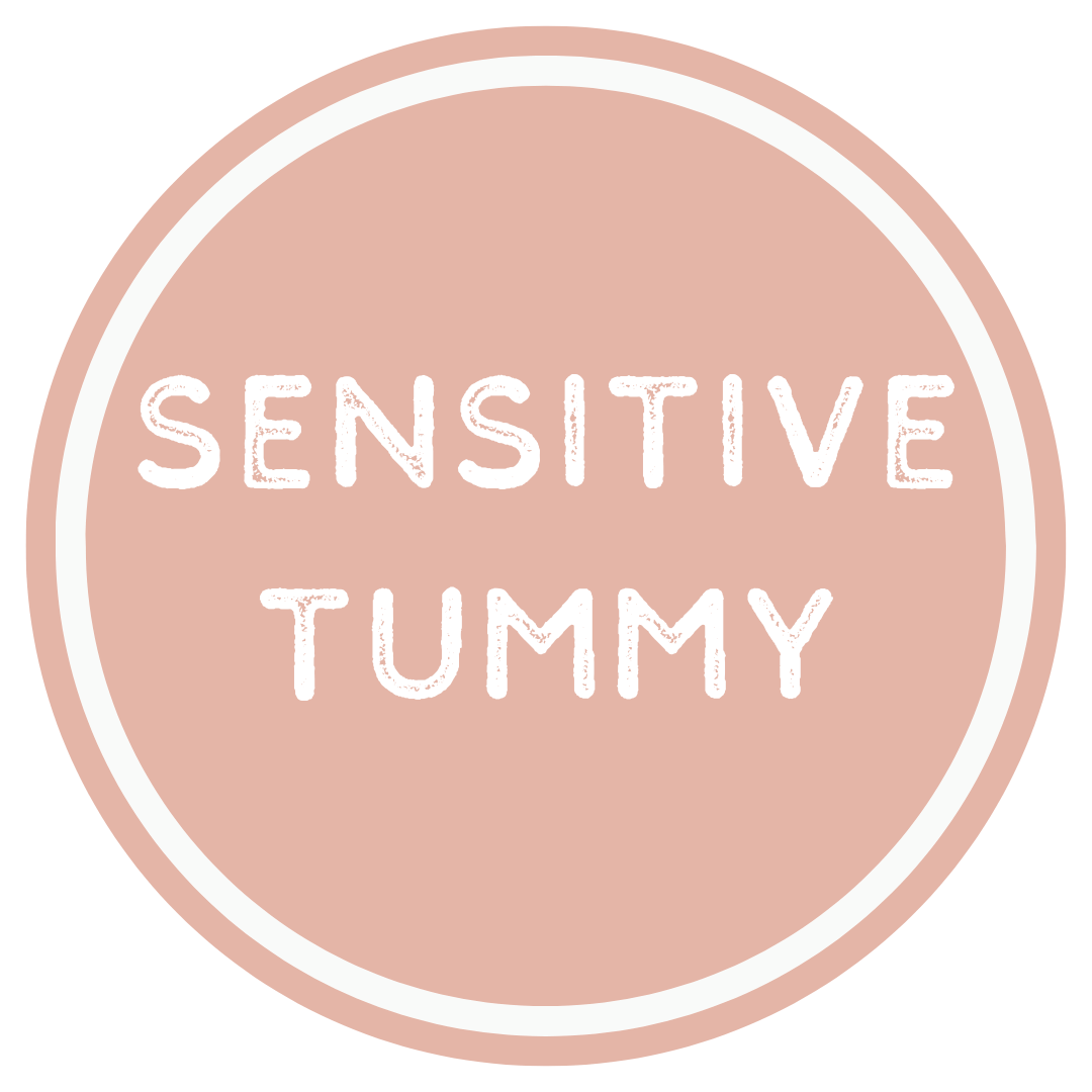 Round logo with 'SENSITIVE TUMMY' text on a pink background