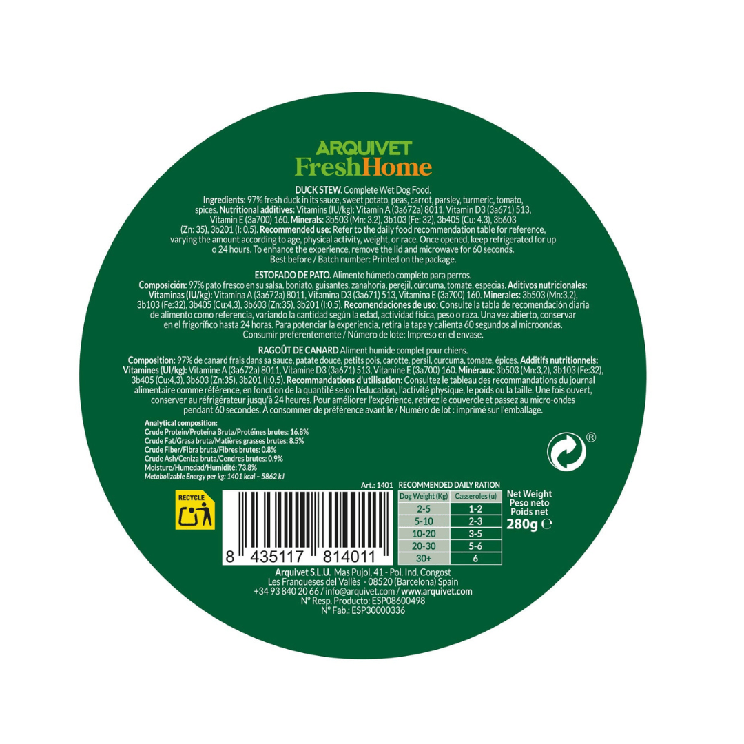 Duck Stew label with feeding guide, barcode ingredients etc.