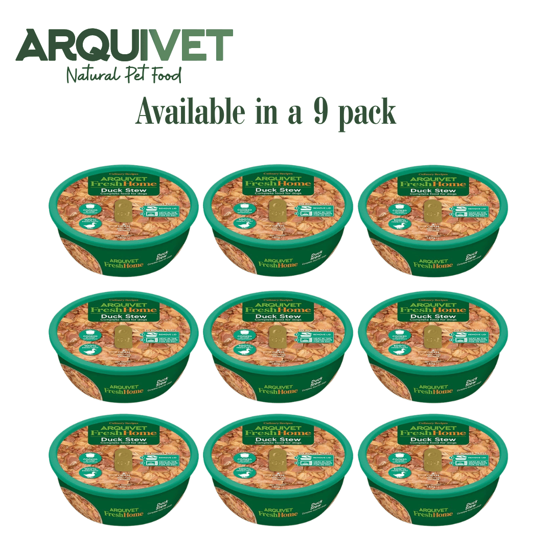 Arquivet natural pet food tins for duck stew available in a 9-pack on a white background.