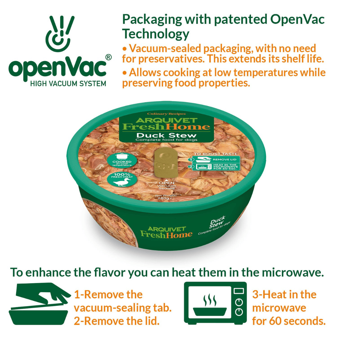 Container of Arquivet Fresh Home Duck Stew with openVac technology branding and features.