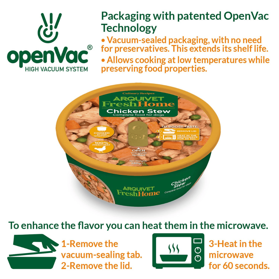 Container of Arquivet Fresh Home Chicken Stew with openVac technology branding and instructions.