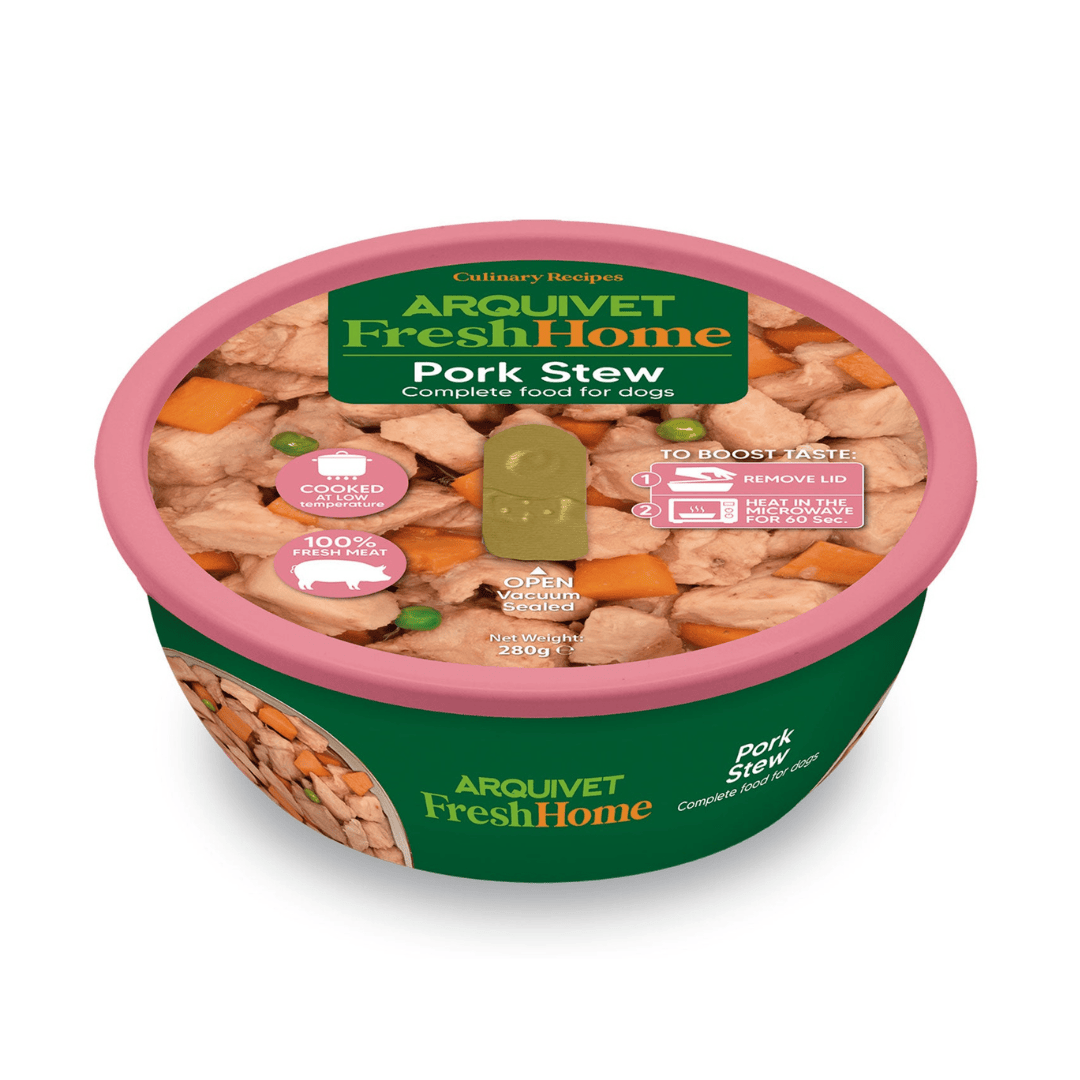 Container of Arquivet Fresh Home Pork Stew for dogs on a white background