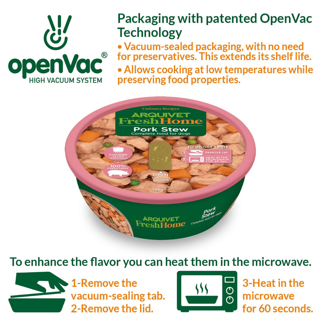 Arquivet FreshHome pork stew container with openvac technology on a white background