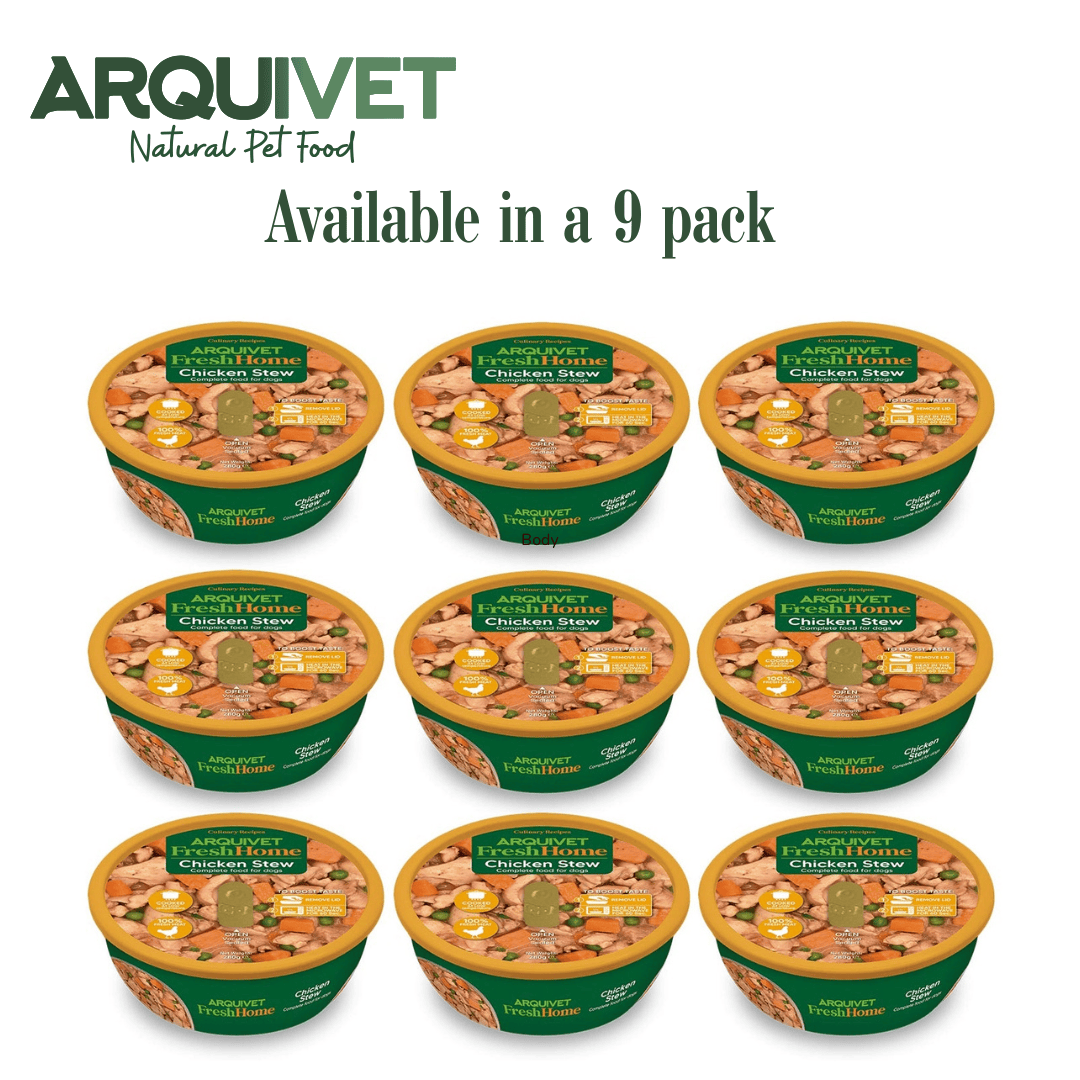 Nine containers of Arquivet natural pet food with a white background. Stating that they are available in a 9 pack