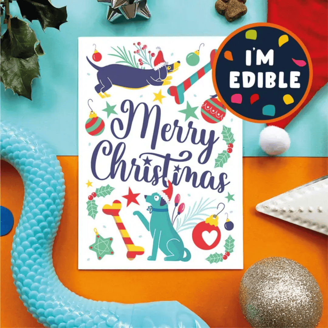 Scoff Paper Edible Christmas Cards for Dogs - Merry Christmas Blue / Teal