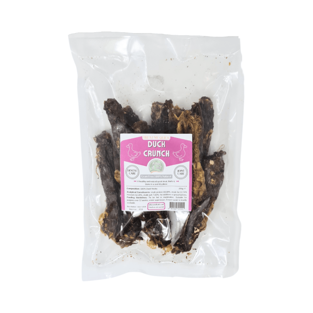 Packaged duck crunch treats with a pink label on a white background