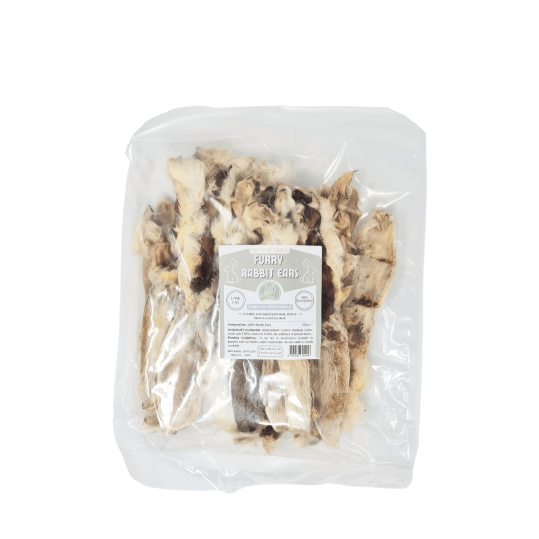 Packaged furry rabbit ears with a label on a white background