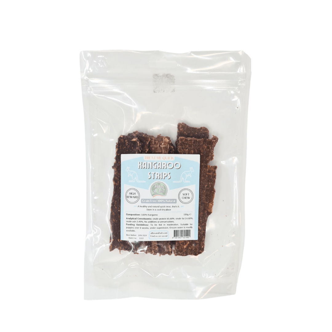 Packaged dog treats labeled 'Kangaroo Strips' on a white background