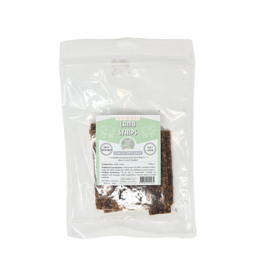 Packaged lamb strips with a label on a white background