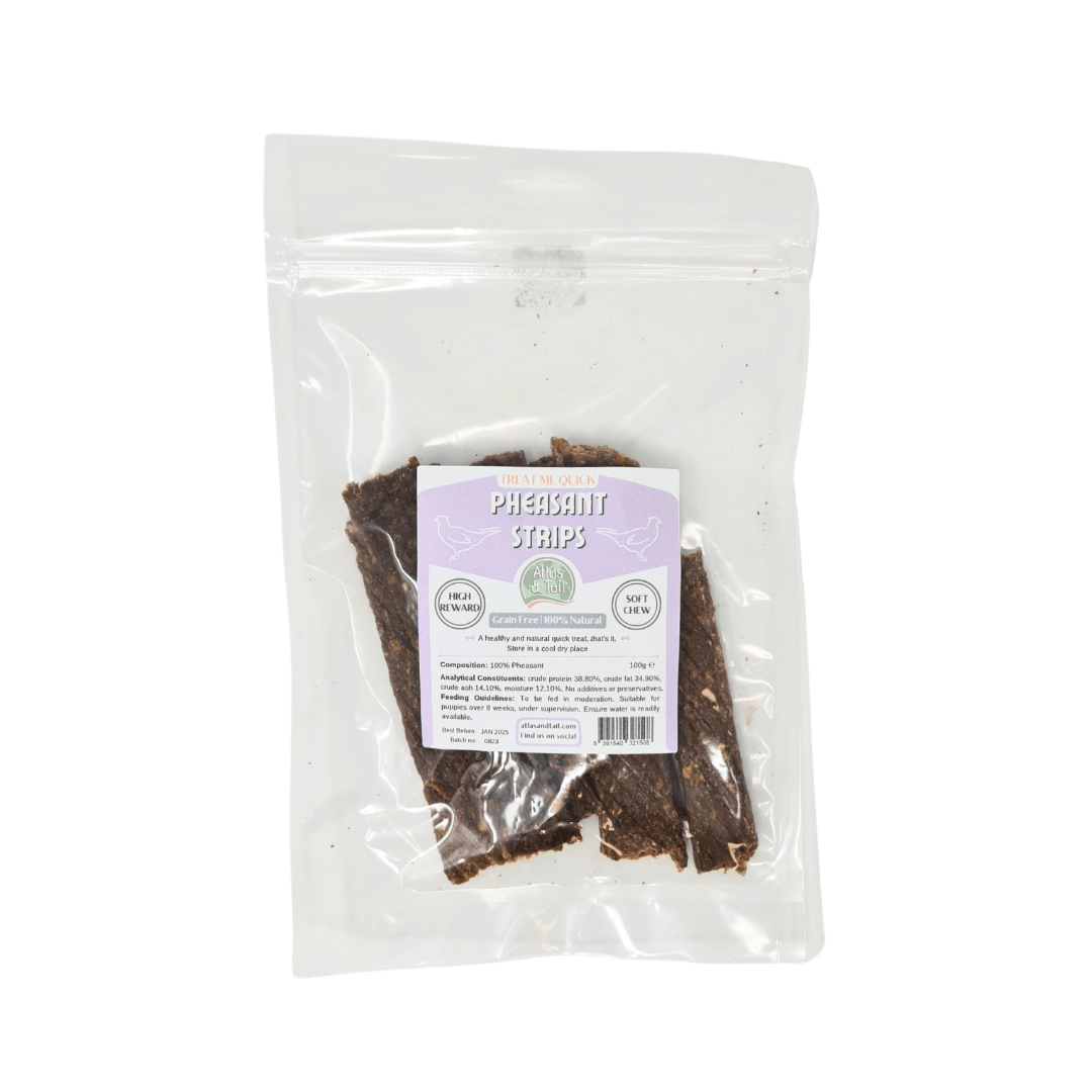 Bagged Dog treats labelled as "pheasant Strips"