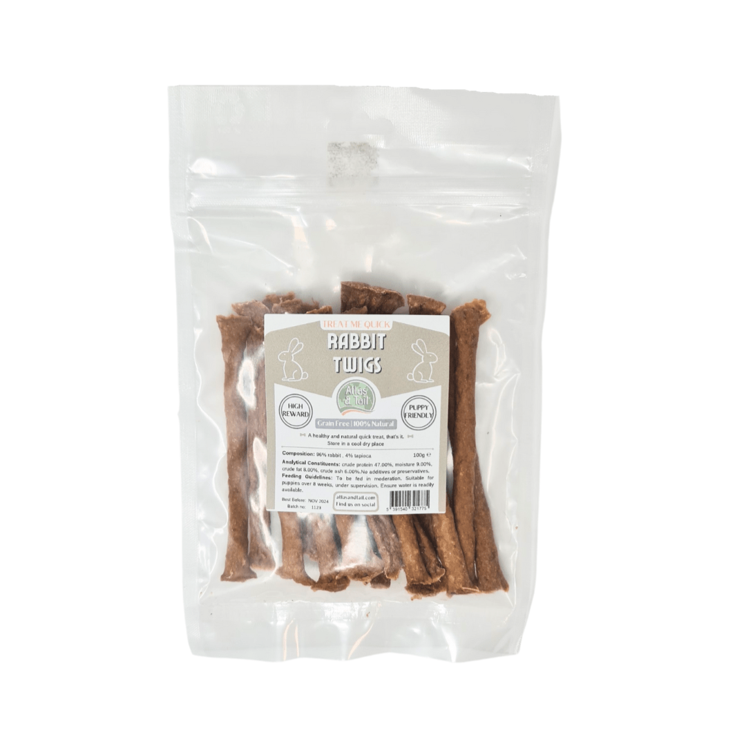 Rabbit twigs bagged and labelled against a white background