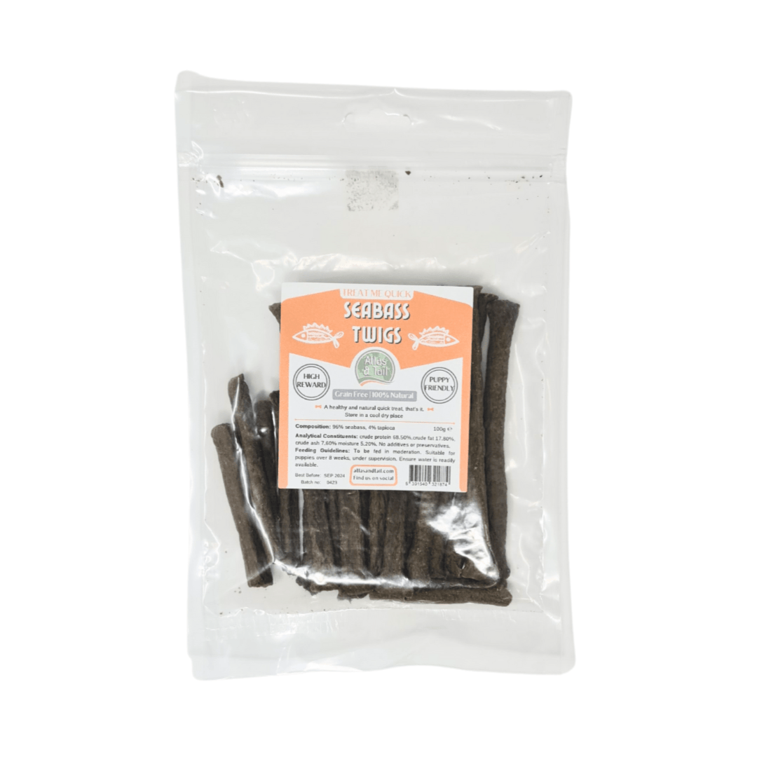 A bag of Seabass Twigs, labelled and on a white background