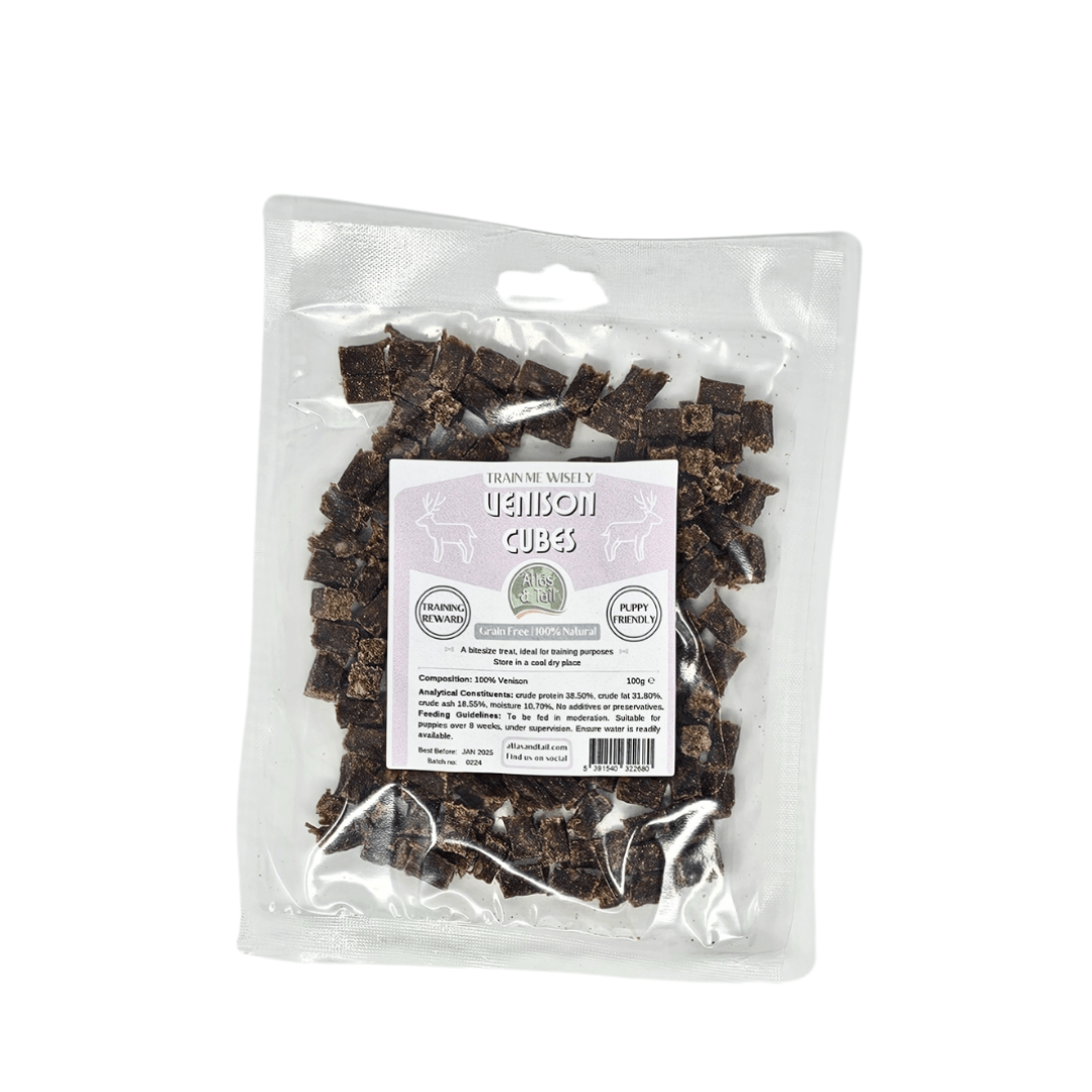 Packaged Venison cubes dog treats with label on a white background