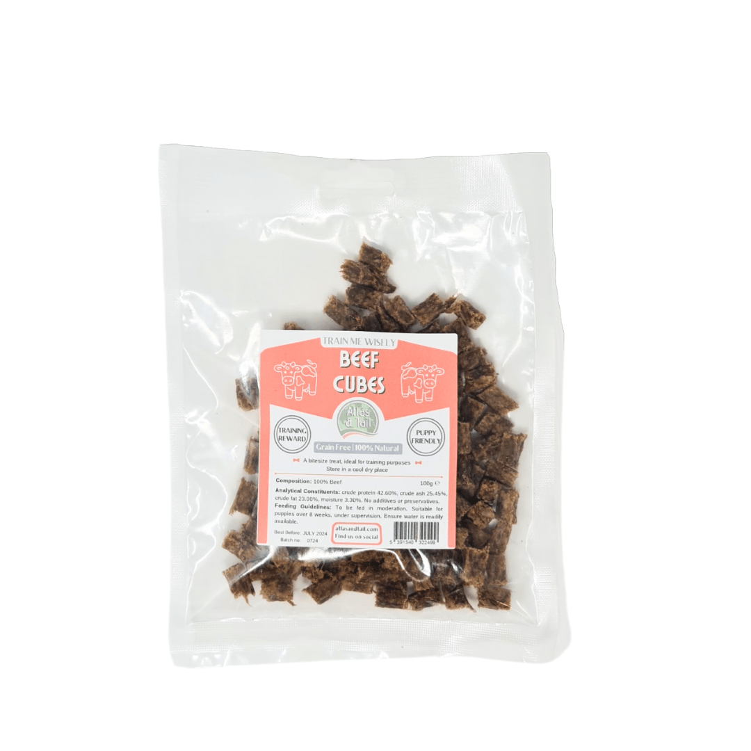 Packaged beef cubes with a label on a white background