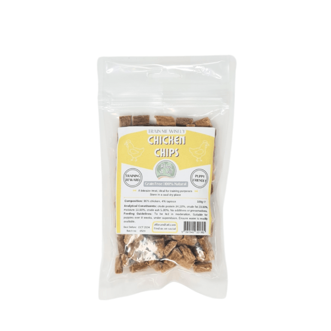 Package of chicken chips with a label on a white background