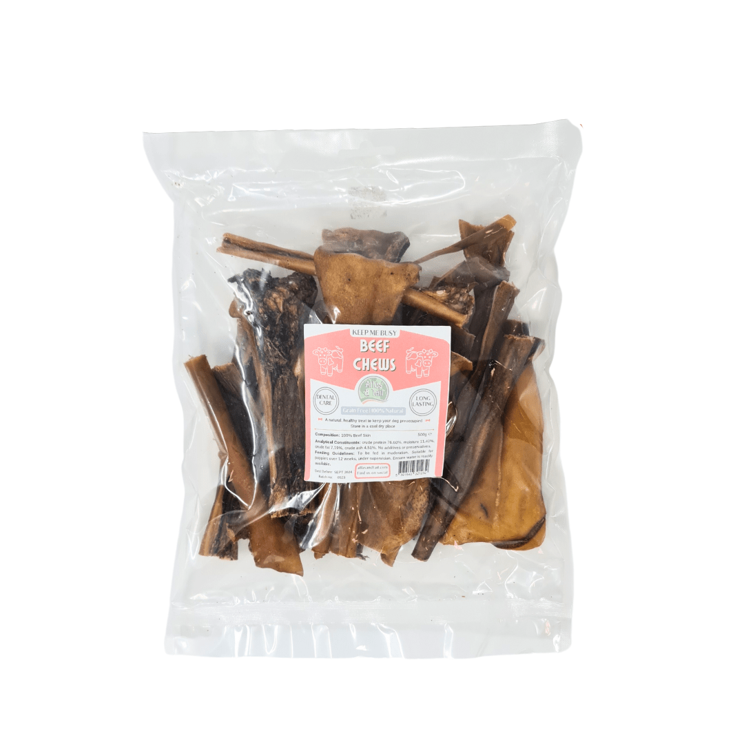 Bag of beef chews with a label on a white background